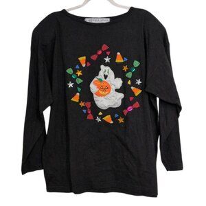 Vintage Halloween Shirt Womens Size Medium Black Beaded Jewel Ghost Candy Cotton